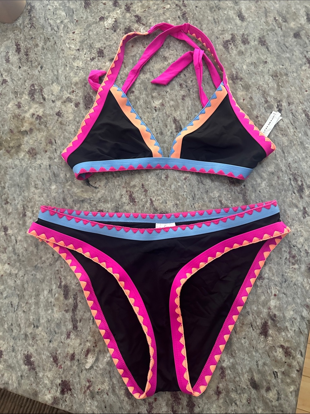Women's Colorblock Triangle Bikini - Hot Pink & Black lucky brand small